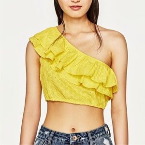 Zara Yellow Asymmetrical Ruffled Crop Top M